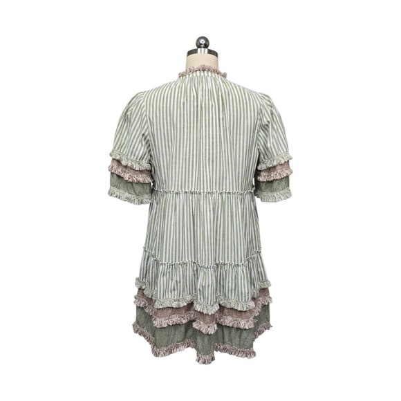 Tuckernuck Sage Green Striped Tiered Fringe Mini Dress Womens Medium Cotton M - Picture 3 of 10